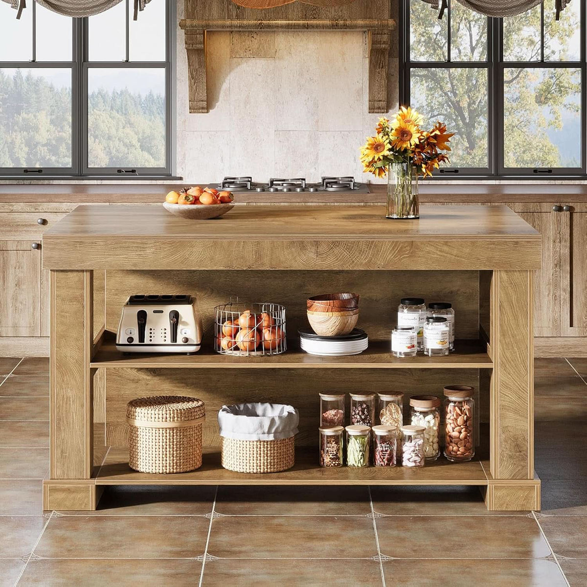 Bar Table, 55-Inch Counter Height Pub Table with Storage Shelves, High Top Kitchen Dining Table, Rectangle Wood Home Bar Unit for Dining Room, Bistro, Rustic Brown