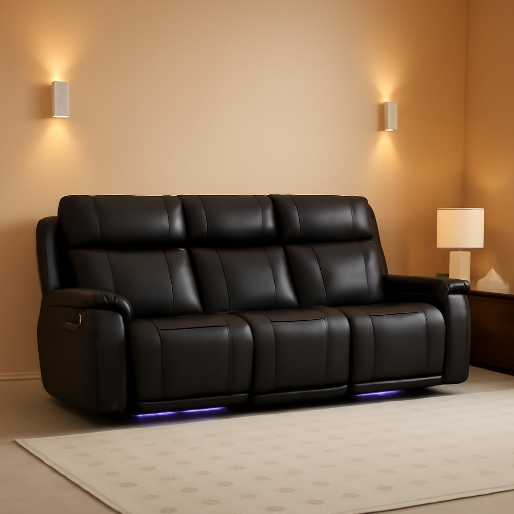 Black Leather Ambient Lighting Power Recliner Sofa