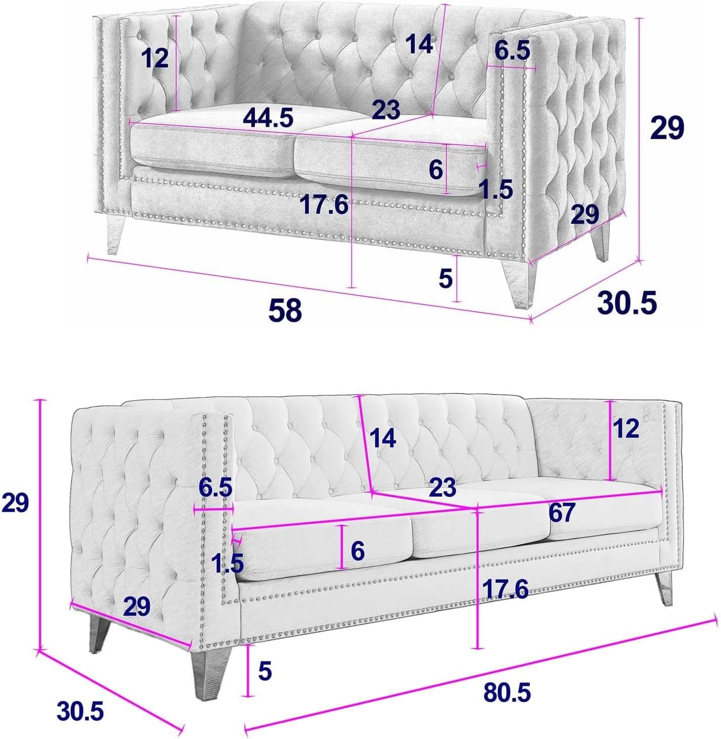 Velvet Beige 80-Inch Sofa Set With 58-Inch Loveseat And Gold Nail Heads