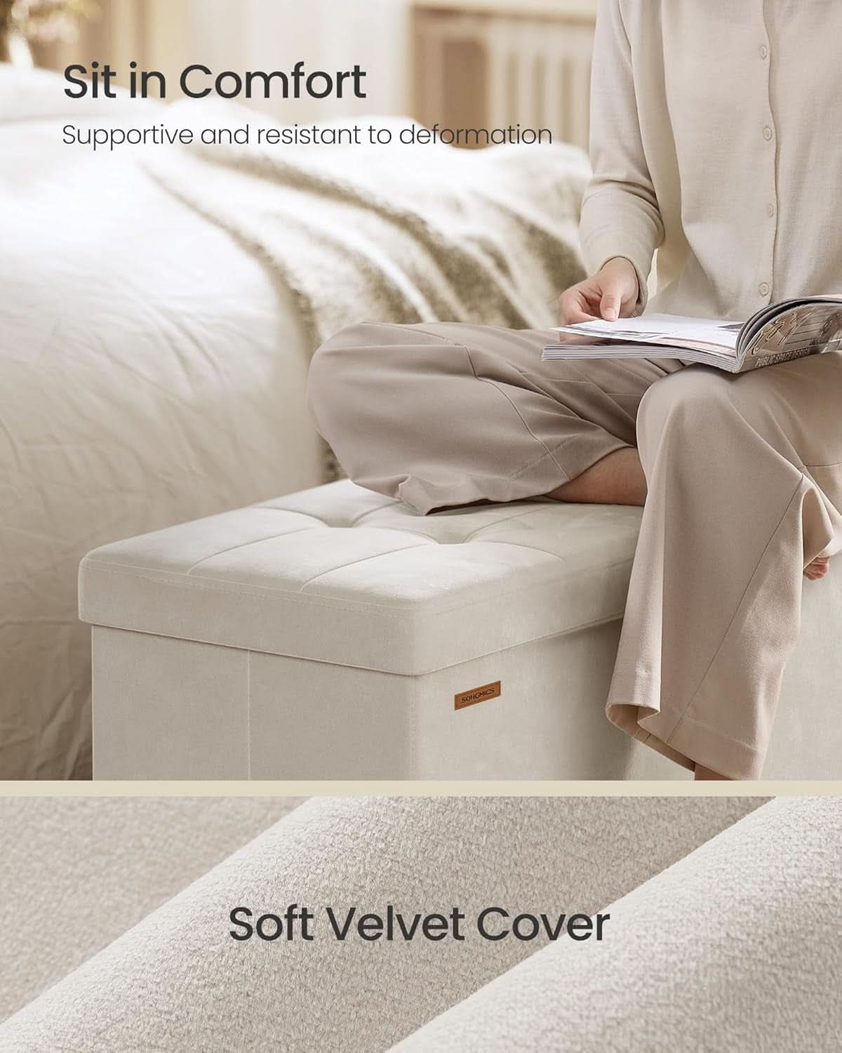 Cappuccino Beige Velvet Storage Ottoman Bench Folding