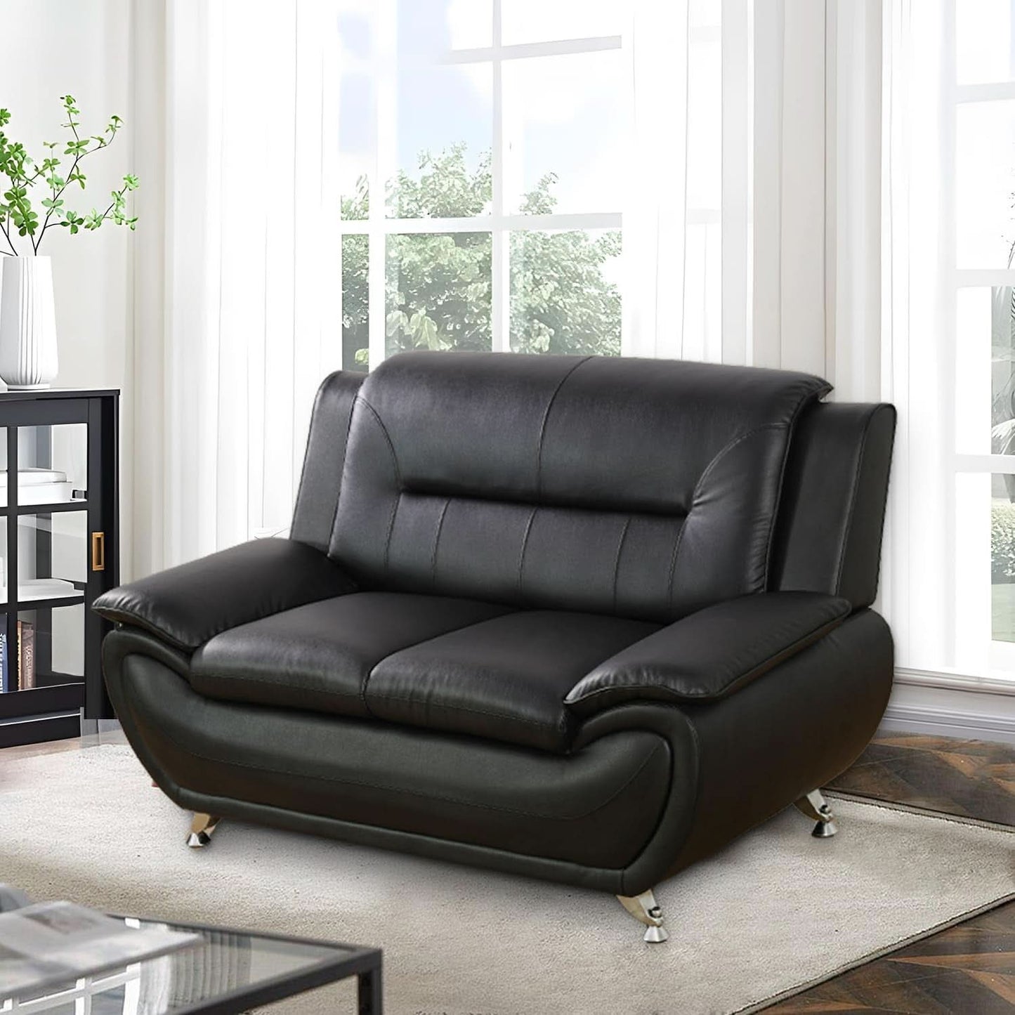Faux Leather 3 Piece Modern Living Room Sofa Set Black
