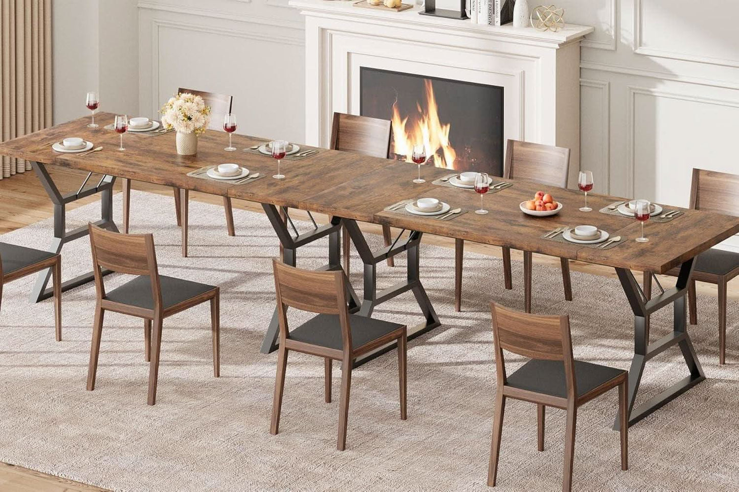 70.9 Inch Farmhouse Dining Table With X Shaped Metal Legs