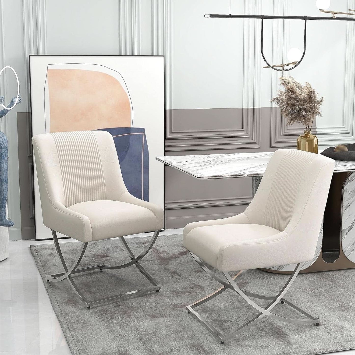 Beige Velvet Upholstered Contemporary Dining Chair Duo