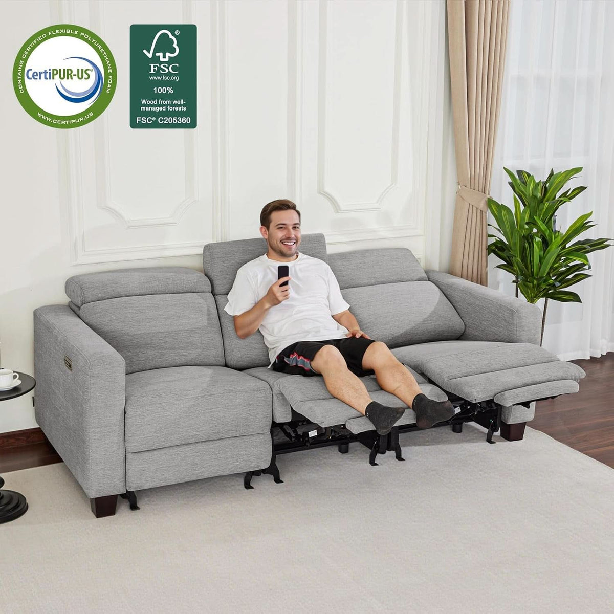 Charcoal Upholstered Power Recliner Sofa 88.6 Inches