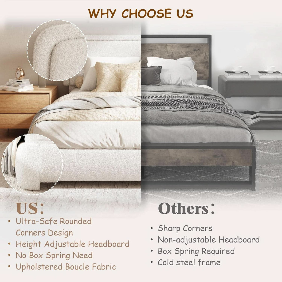 King Boucle Snow White Height Adjustable Platform Bed