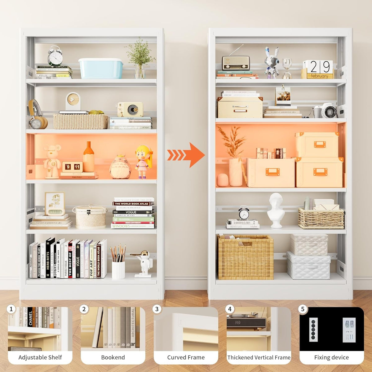Industrial Five Tier Metal Bookcase Adjustable Shelves