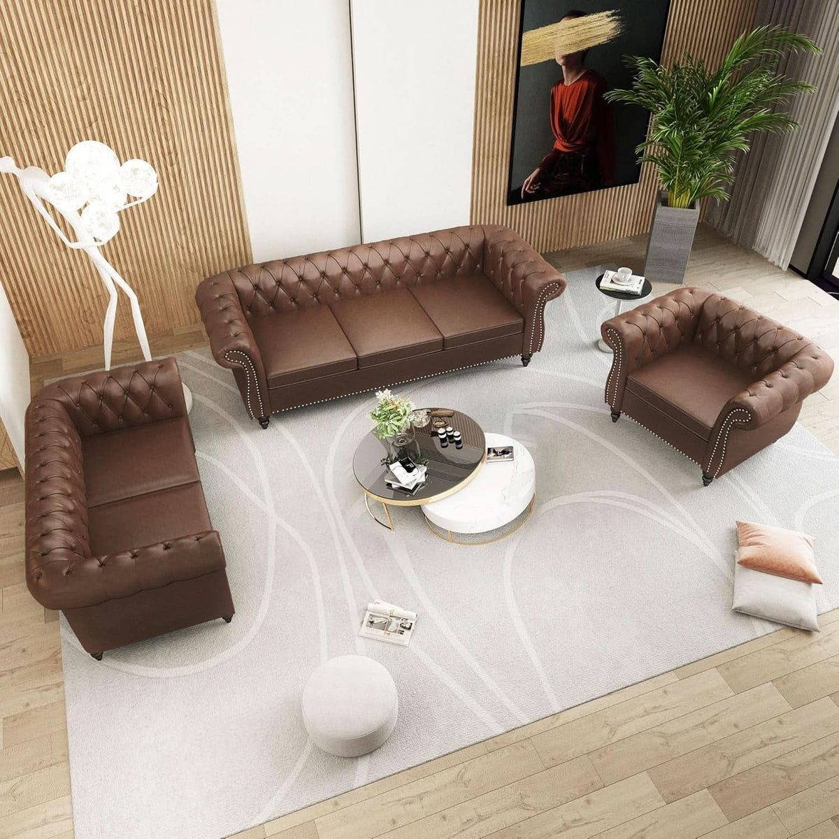 3 Piece Chesterfield Leather Sofa Set With Rolled Arms And Nailhead Trim Modern Brown Living Room Set-2