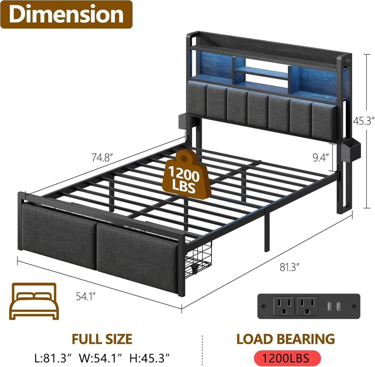 Professional Full Size Black Bed Frame Upholstered