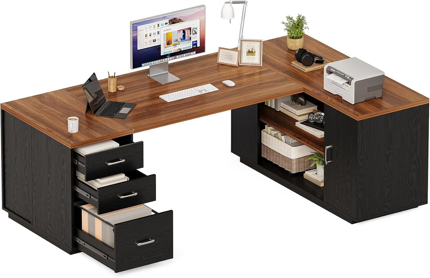 87 Brown Executive Desk Integrated Filing Cabinetry