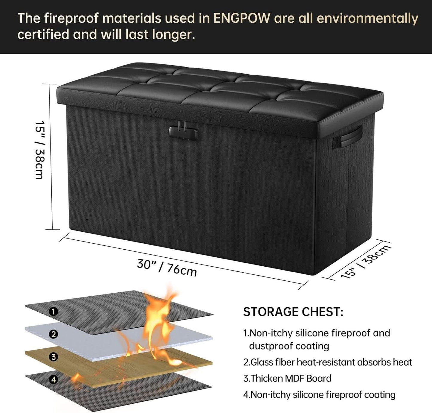 30 Inch Fireproof Waterproof Locking Storage Ottoman