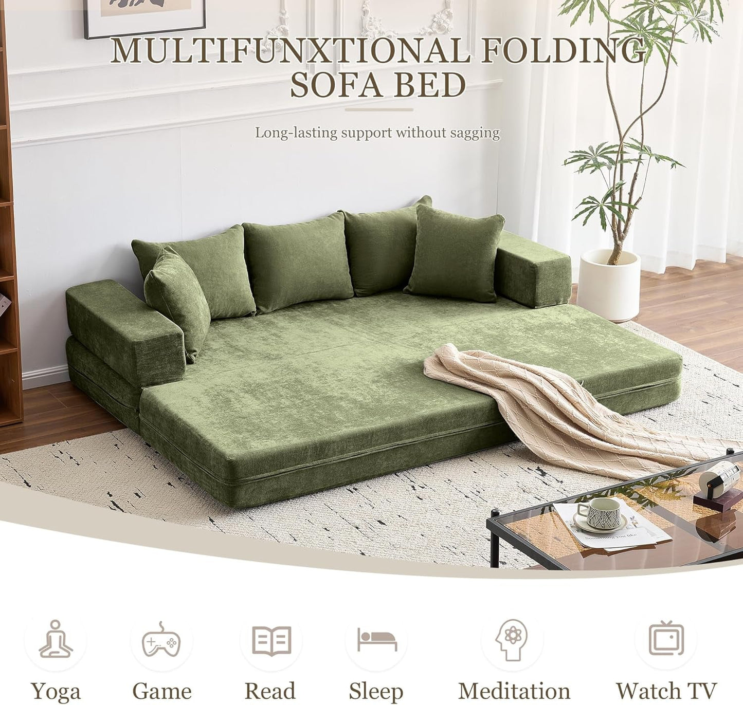 Green 79Inch Convertible Sleeper Couch With Pillows