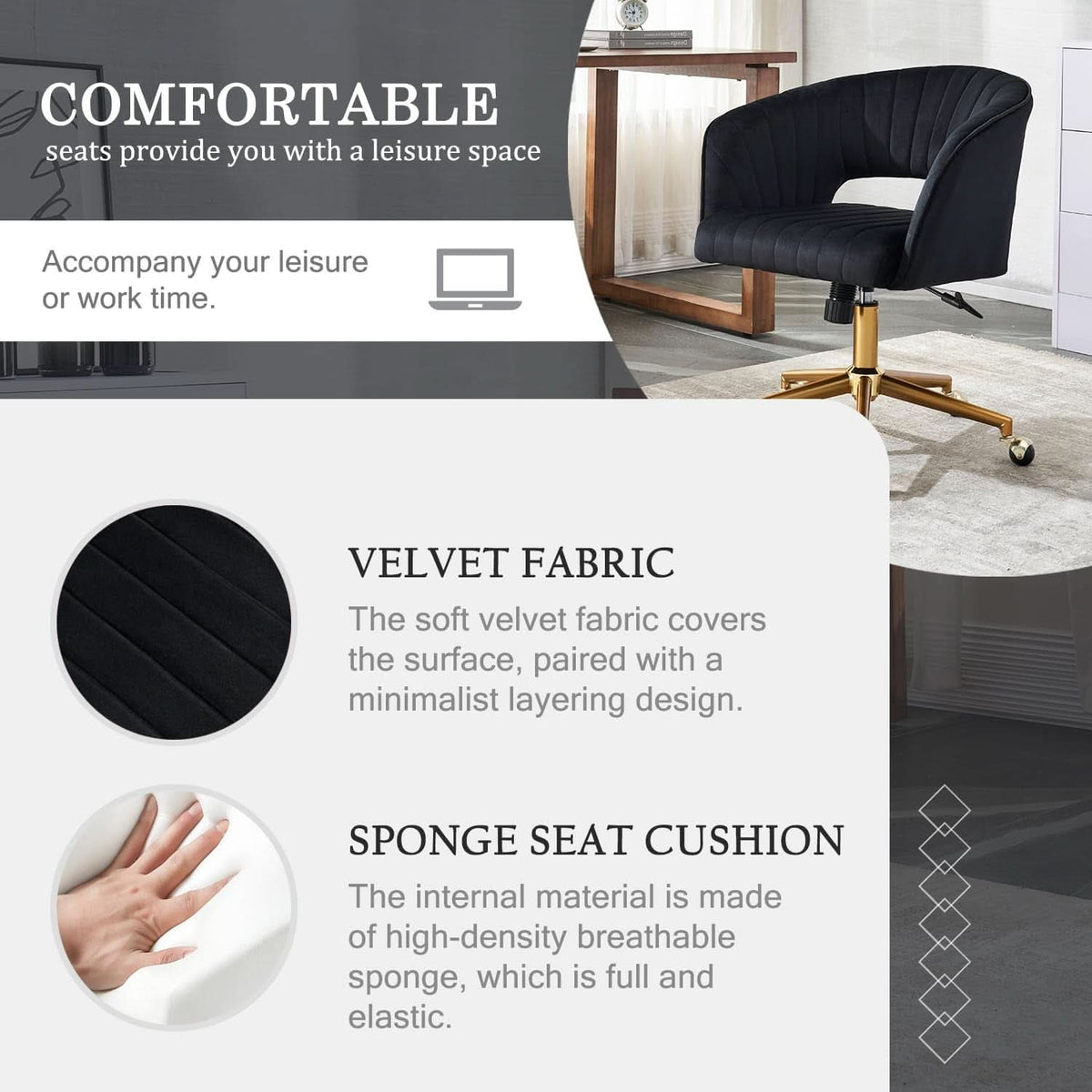 Velvet Home Office Chair 360 Degree Swivel Black Lux Velvet-3