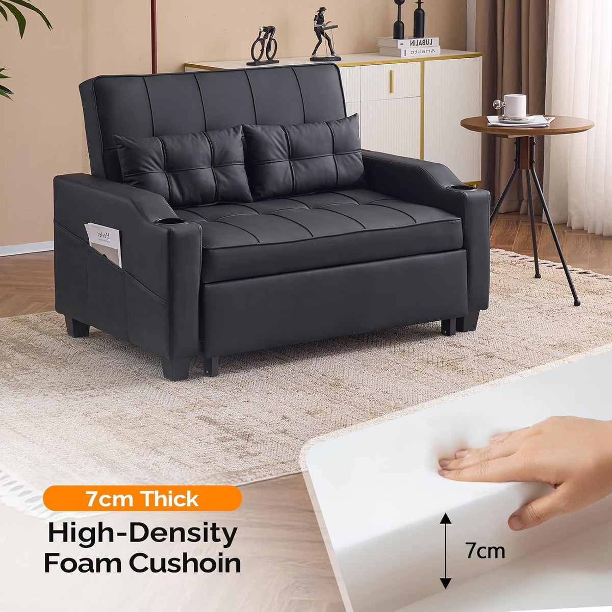 Black Leatherette Convertible Sleeper Sofa With USB