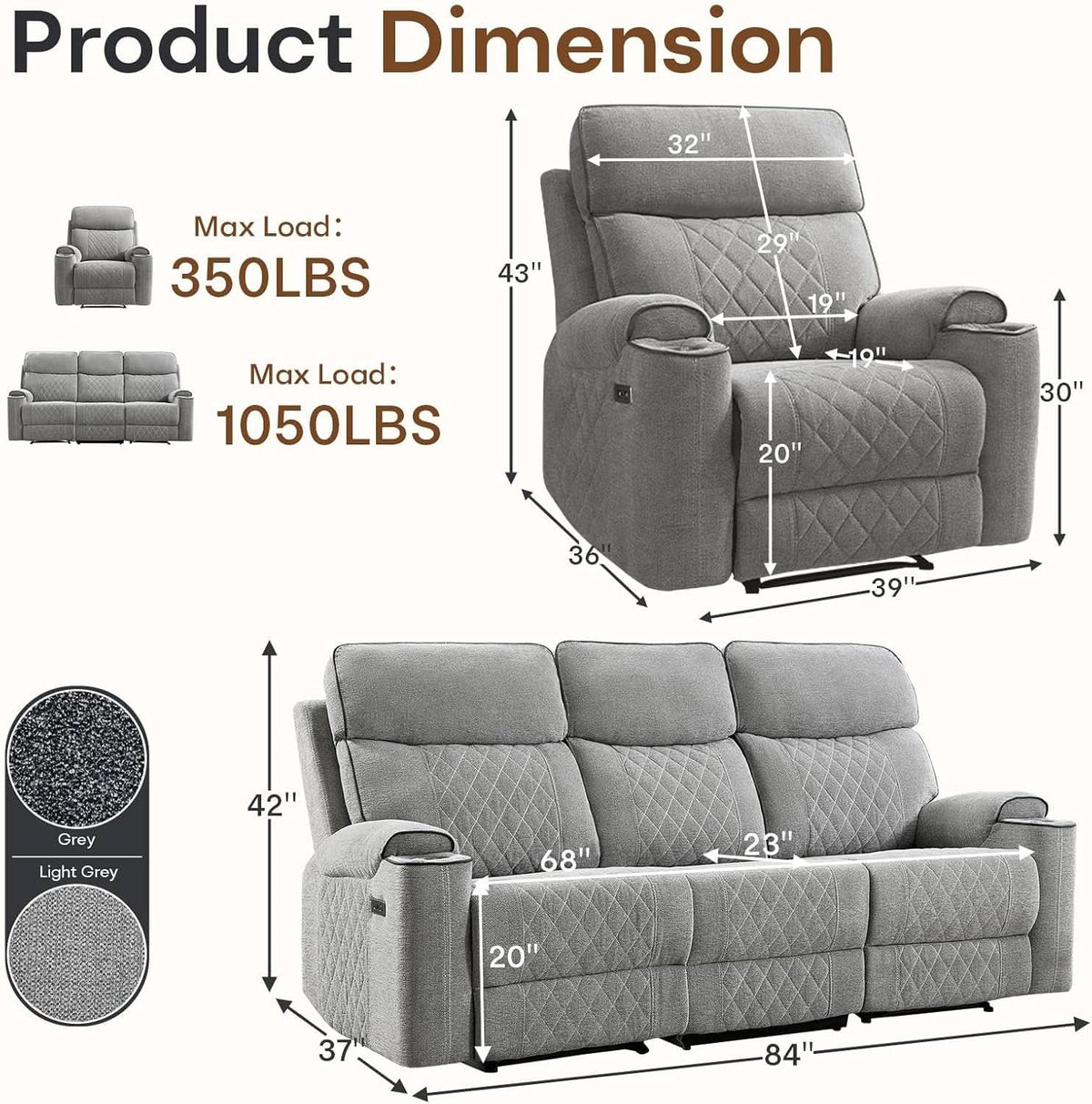 Light Grey Power Recliner Contemporary Sofa Collection