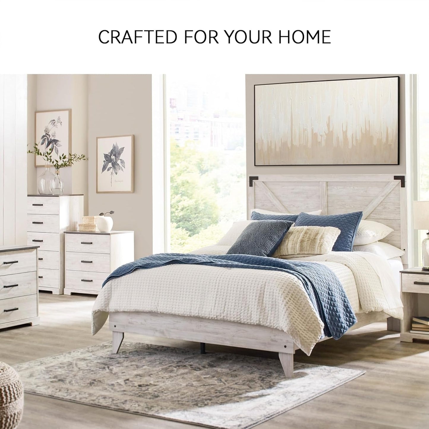 Queen Cross buck Platform Bed White wash Durable Frame