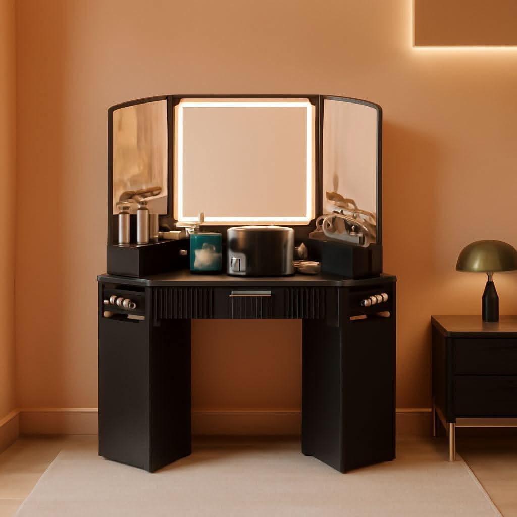 Charcoal Corner Vanity Desk With Crystallized Mirrors