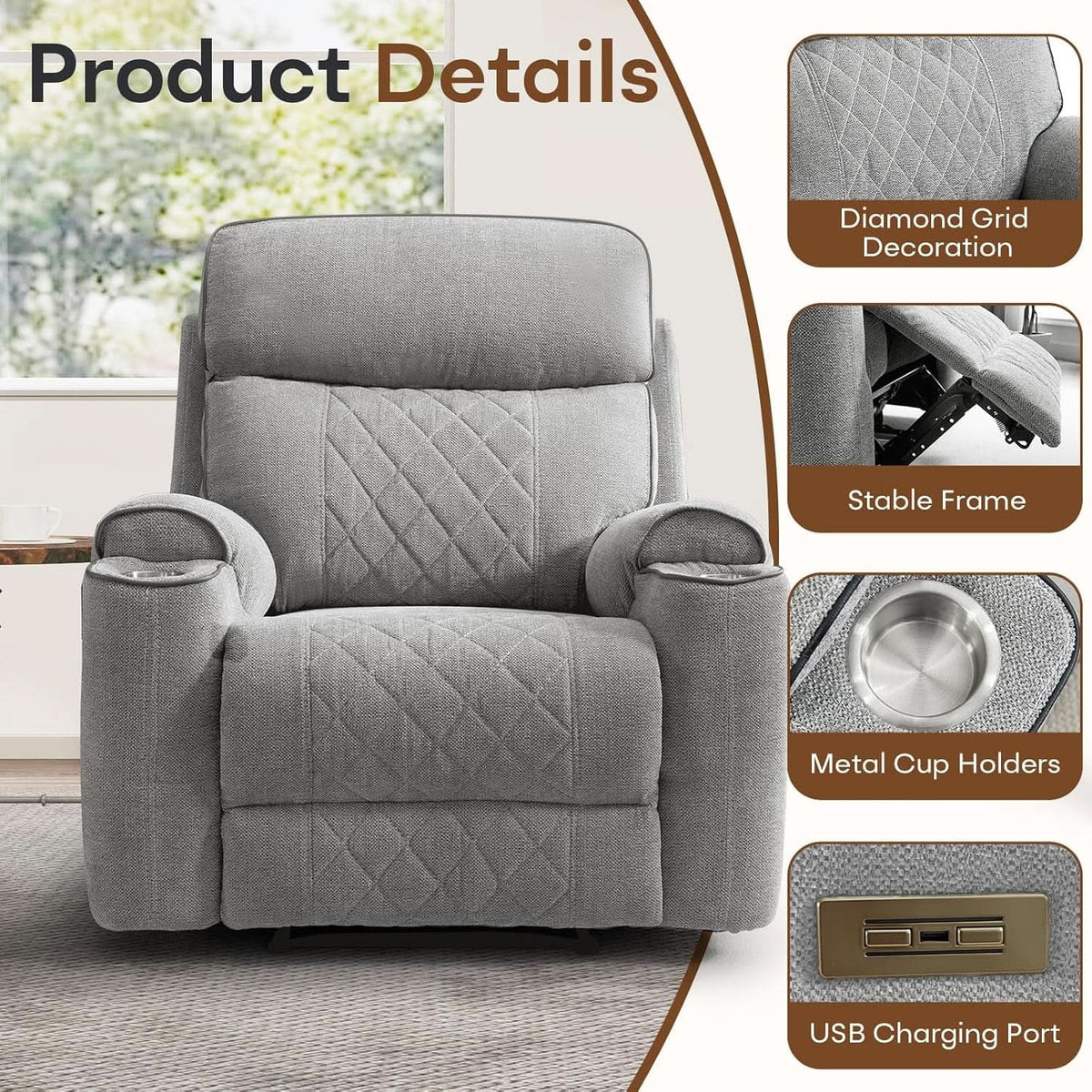 Light Grey Power Recliner Contemporary Sofa Collection