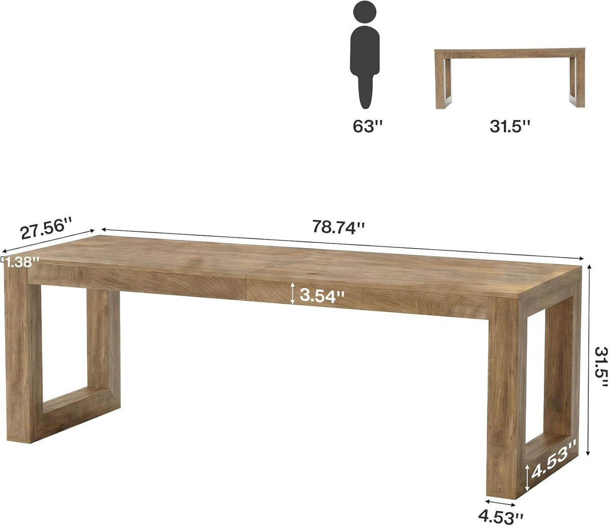 78 Inch Rustic Wood Finish Dining Table With Pedestal