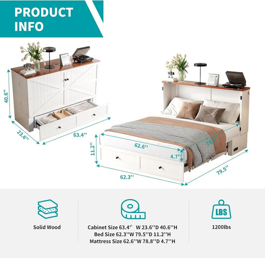 White Queen Murphy Cabinet Bed USB Charging-1