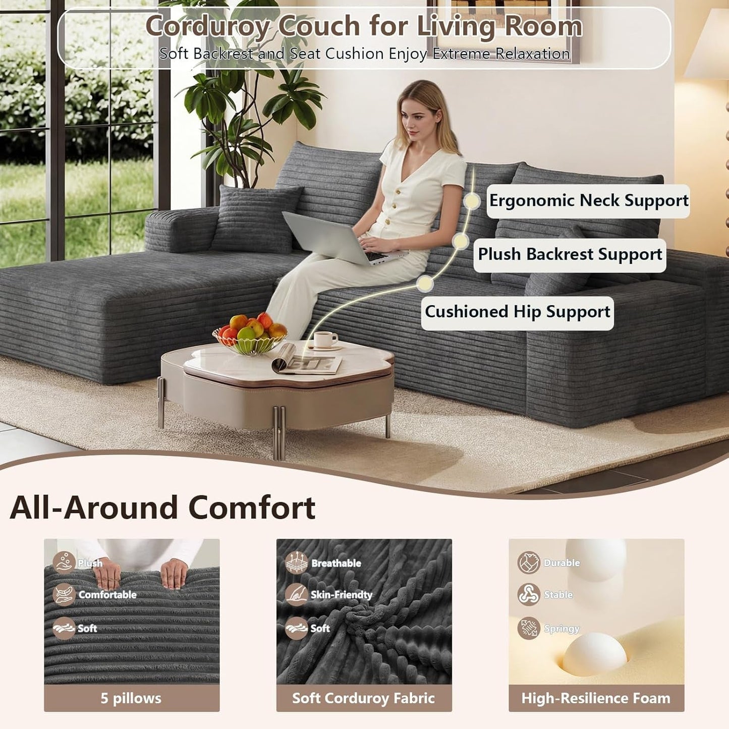 Grey Ninety FiveInch Upholstered Corduroy Sleeper Sofa