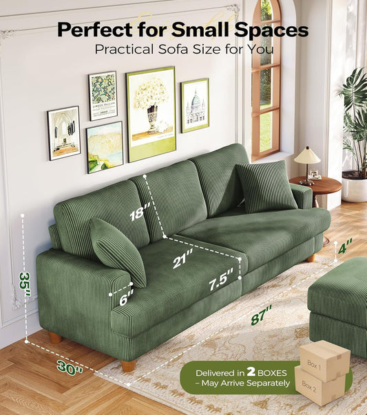 Corduroy Sofa Eighty SevenInch Deep Seat Green Living Room Comfort