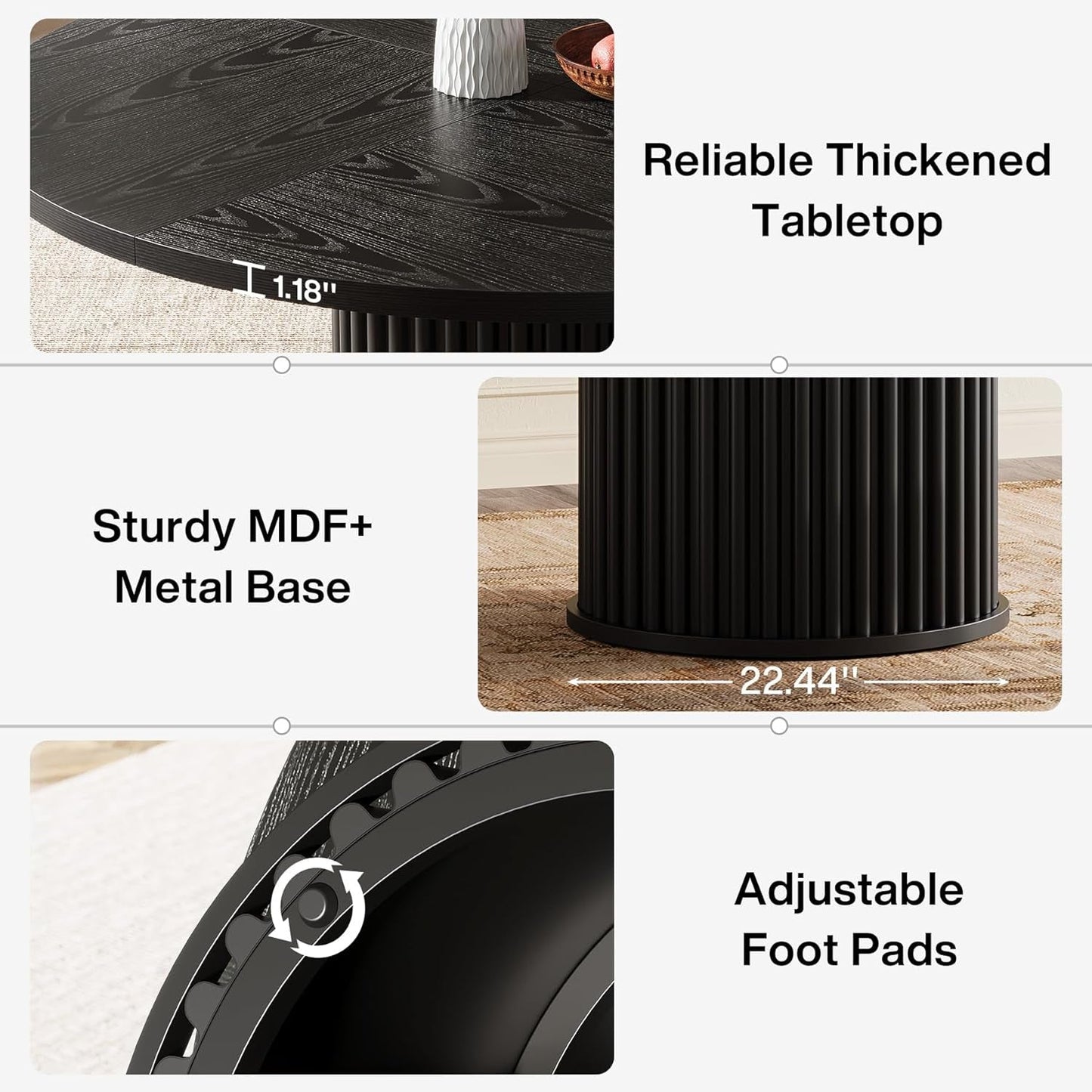 47.24-Inch Black Circular Dining Table Fluted Base