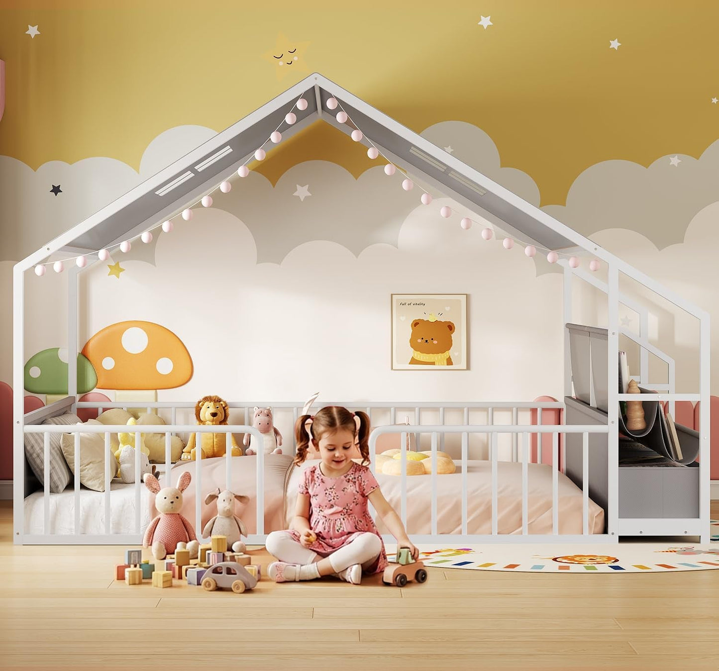 Montessori Floor Bed With White Guardrails Storage