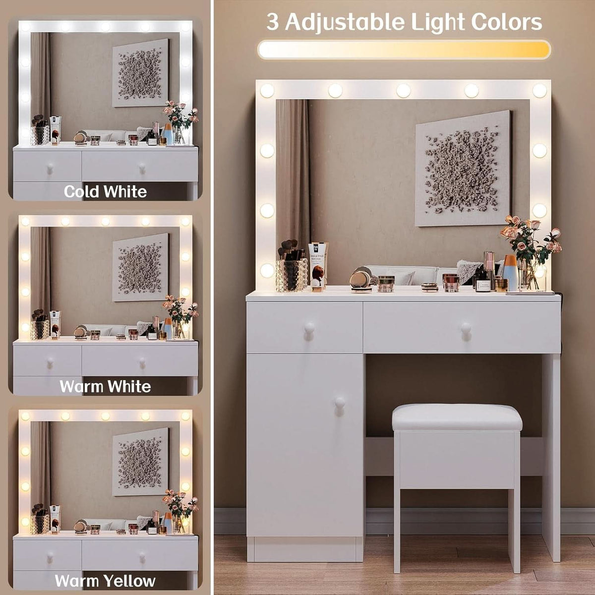 White Multifunctional Vanity Desk With LED Illumination