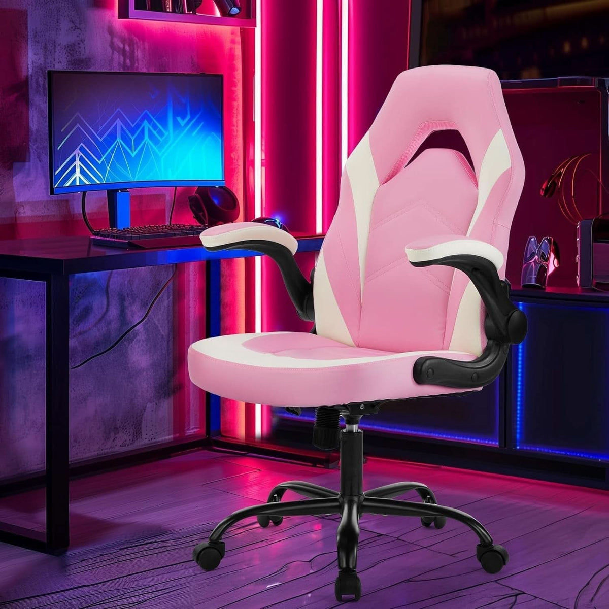 Pink Ergonomic Gaming Desk Chair With Adjustable Armrests