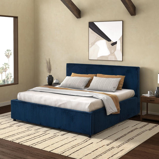 Navy Corduroy Queen Bed With Headboard Tufting Detail-1
