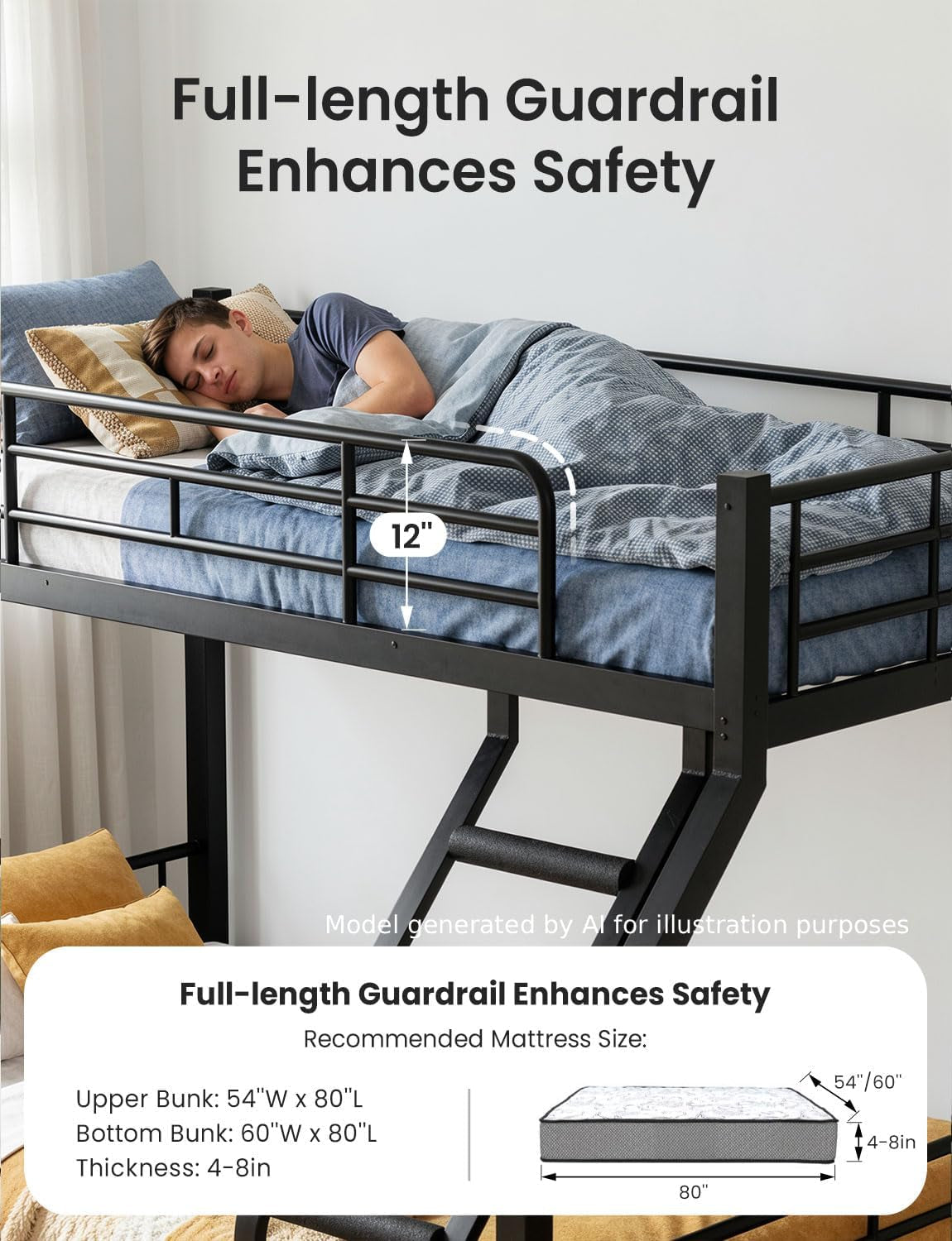 Twin XL Queen Bunk Bed Black Industrial Grade Steel Frame