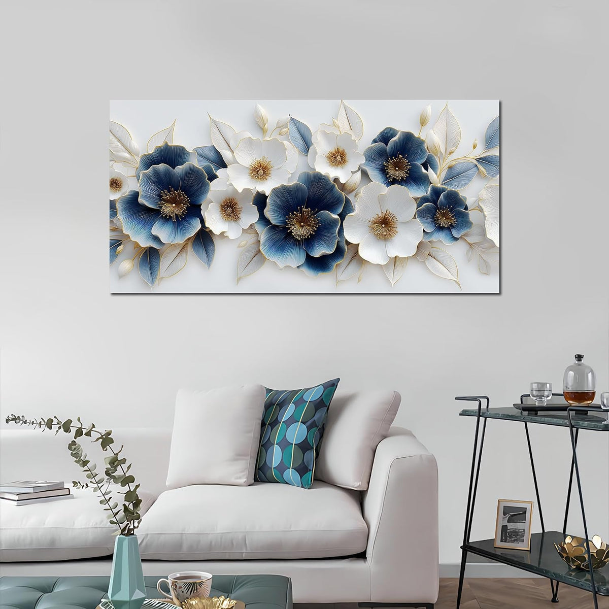 Framed Blue White Floral Canvas Wall Art 20x40 Ready To Hang