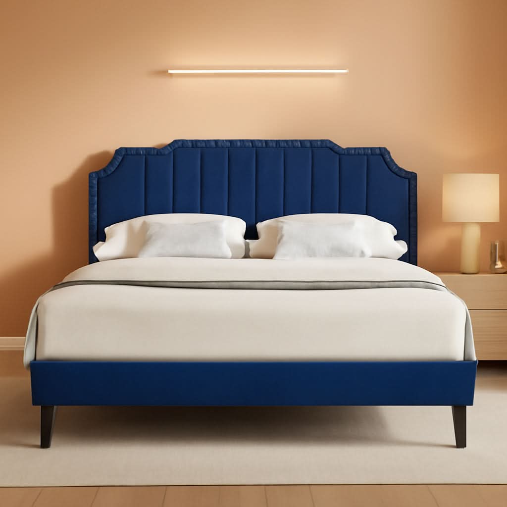 Full Upholstered Platform Bed Navy Blue Tufted Headboard