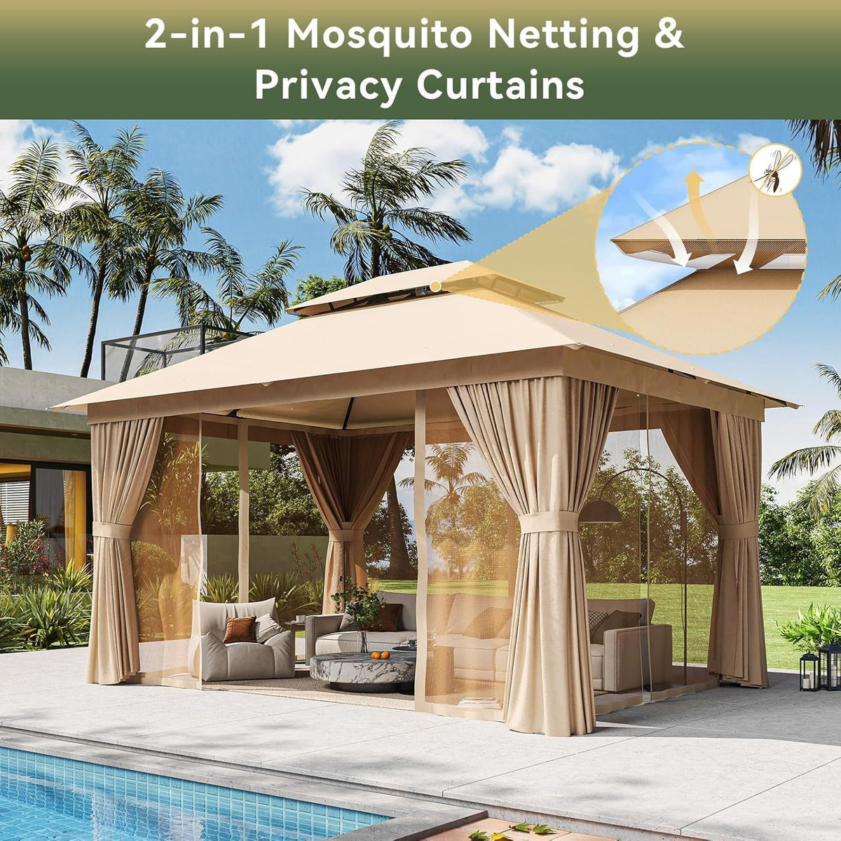 12x10ft Outdoor Gazebo Stainless Steel Frame Durable