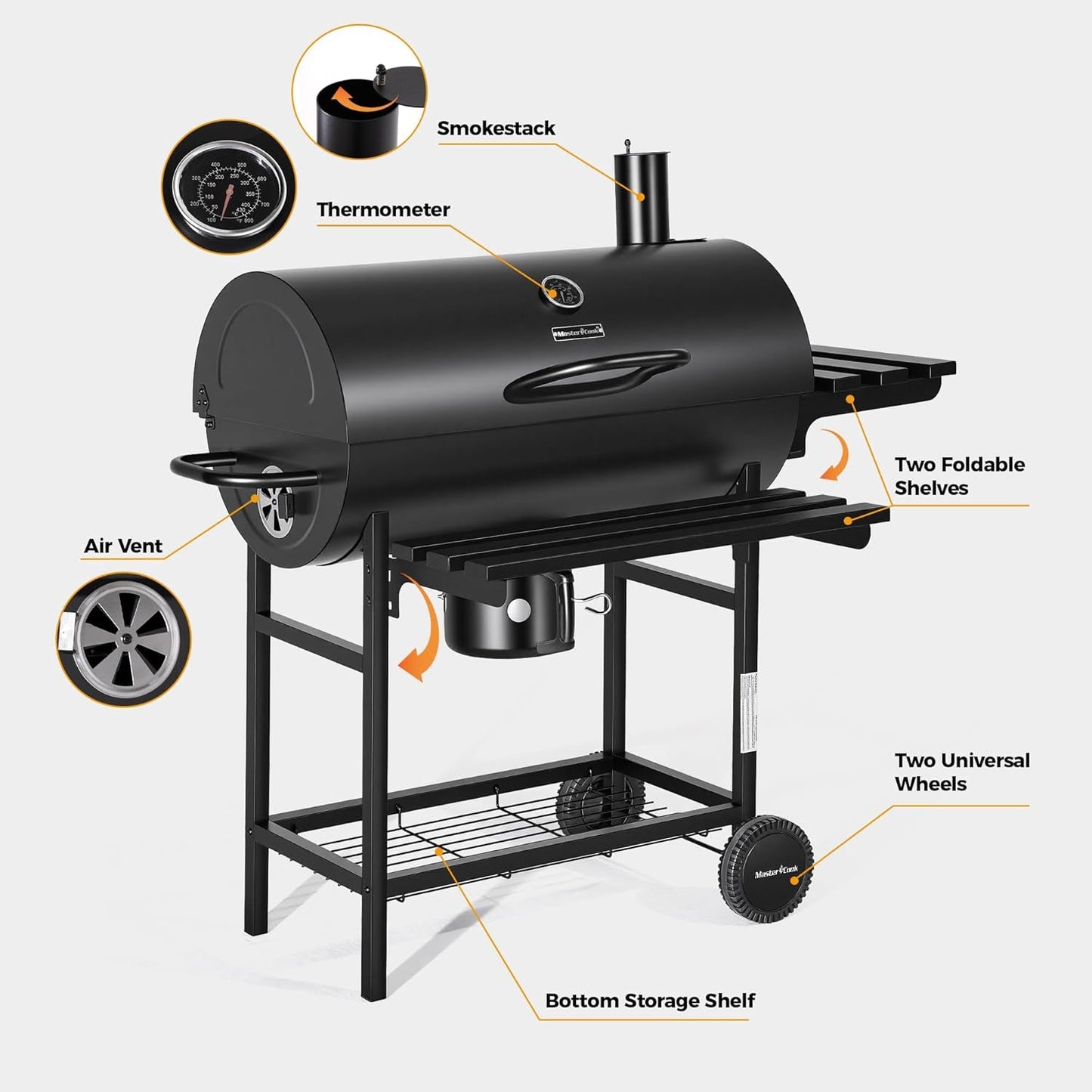 Barrel Charcoal Grill With Telescoping Front Shelf