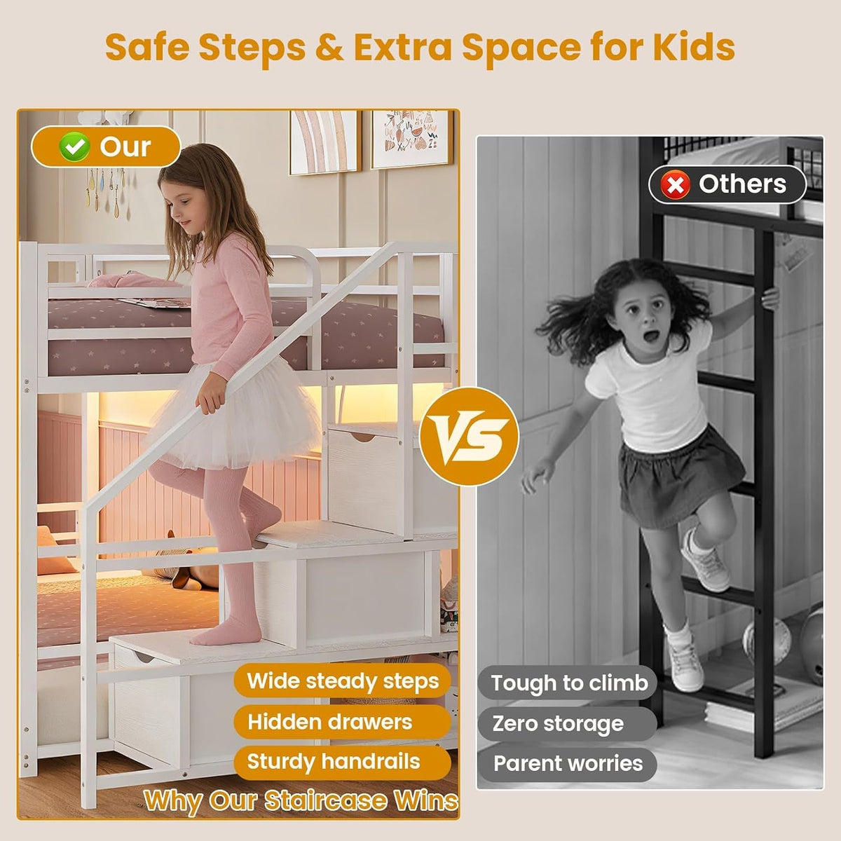 White Twin Over Twin Bunk Bed Integrated Storage Drawers