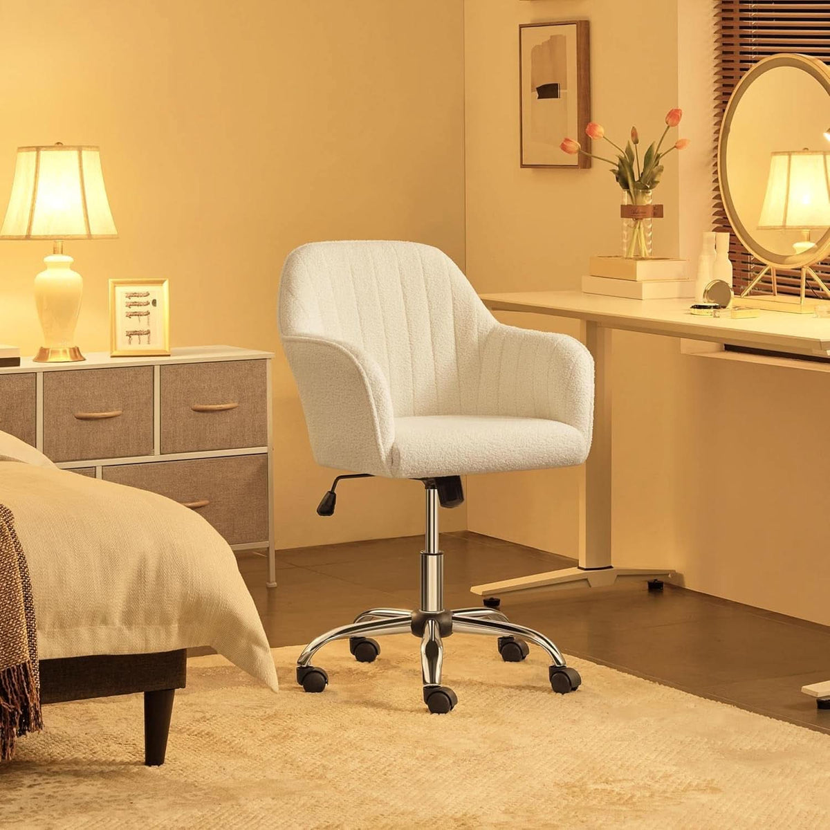 Ivory Boucle Vanity Chair Height Adjustable Makeup Desk Chair