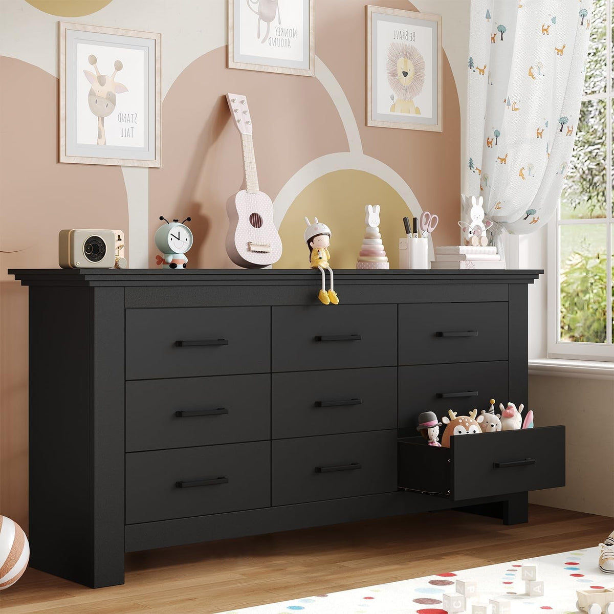Black Vintage Ornate Solid Wood Dresser With Nine Drawers-3