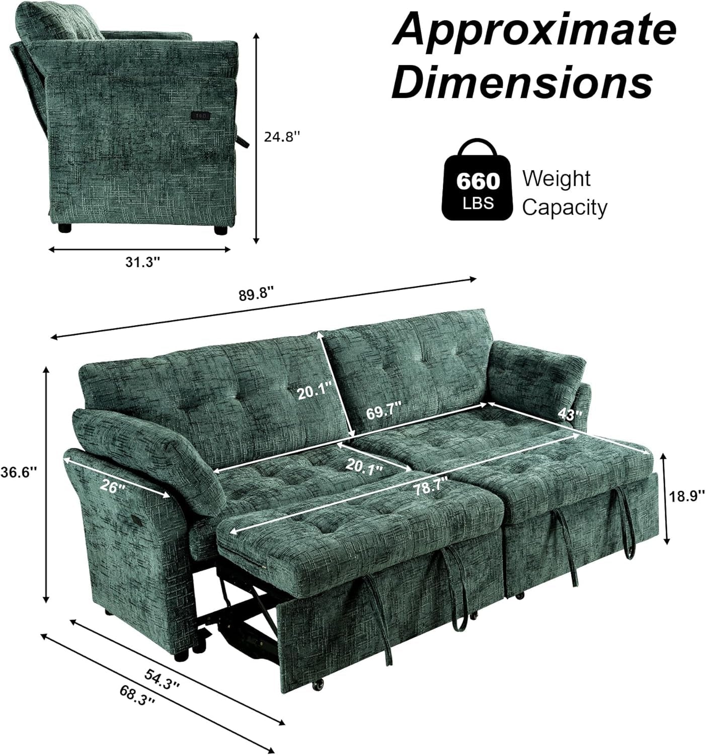 Green 3-Seater Modular Convertible Sleeper Sofa USB