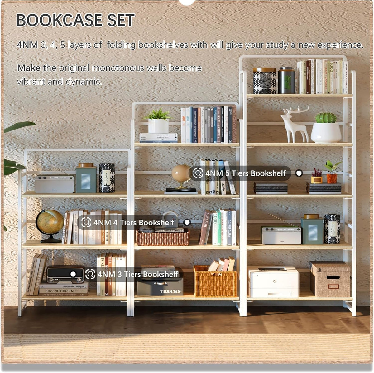 Natural White Five Tier Freestanding Storage Bookcase