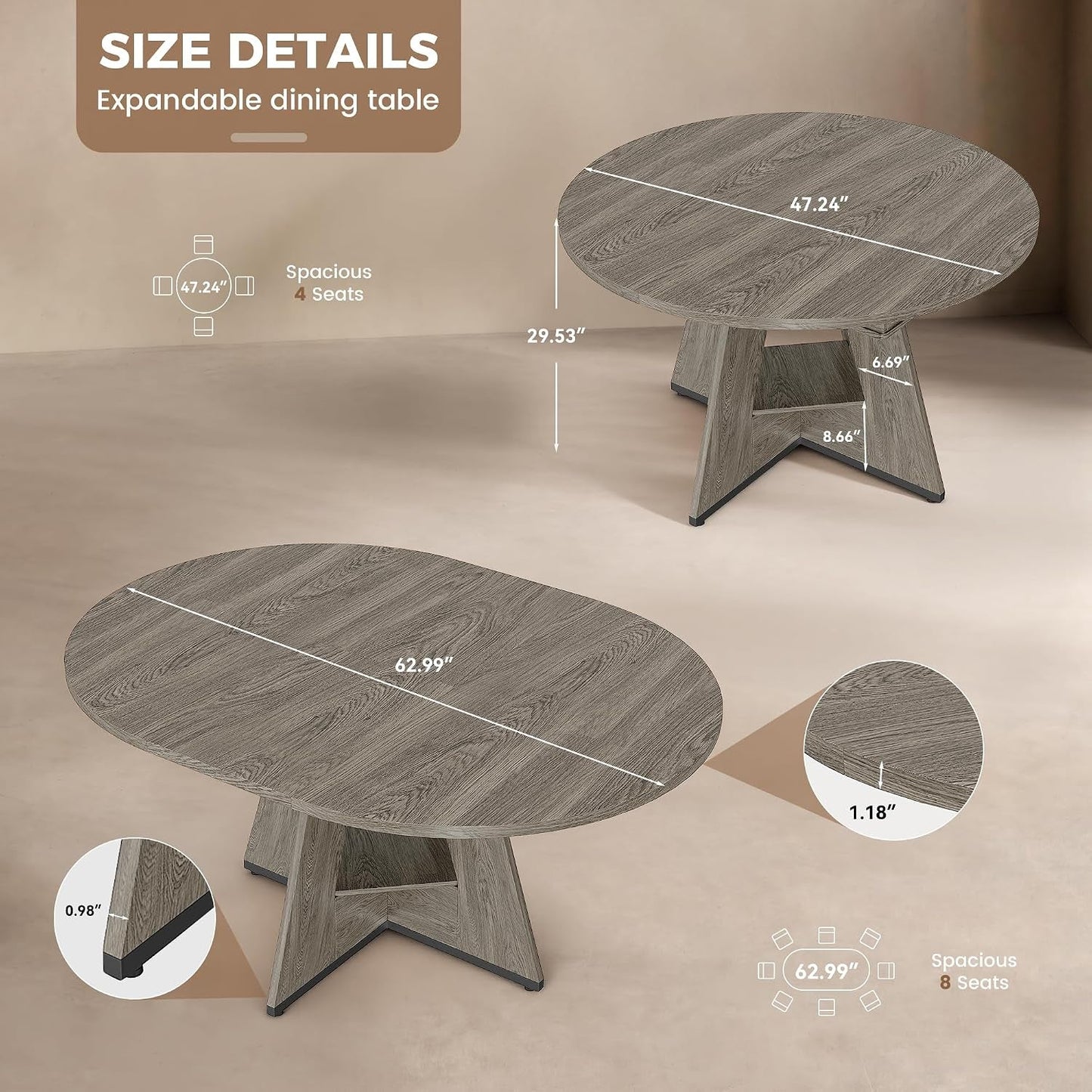 Round Extendable Dining Table Concealed Storage Shelf