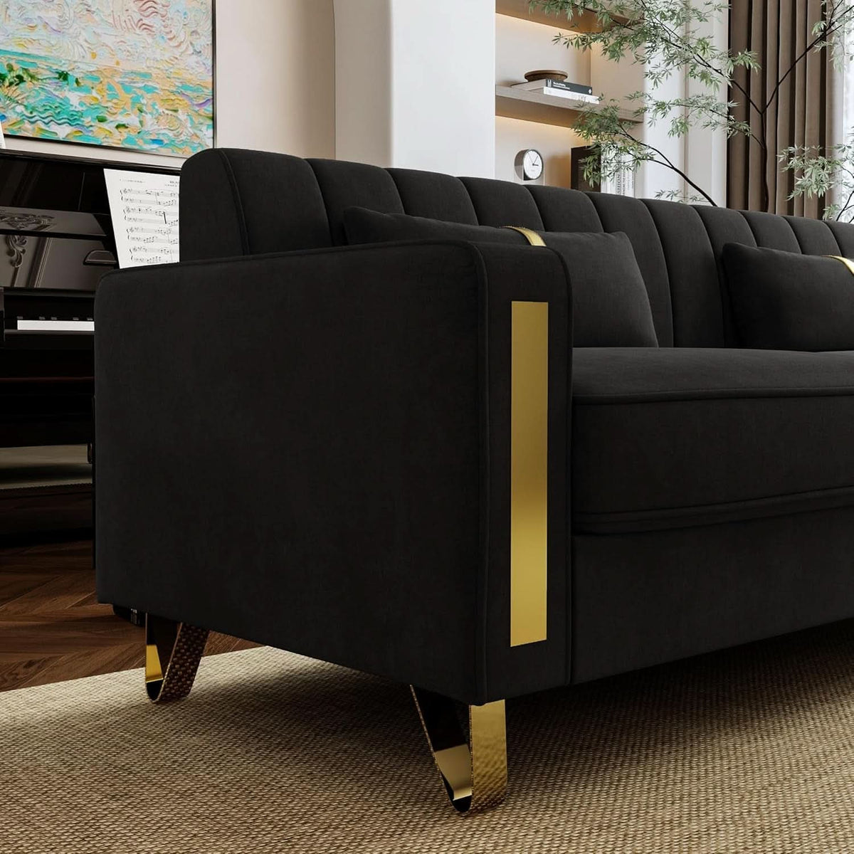 86-Inch Black Velvet Loveseat With Gold Metal Legs For Living Room-4