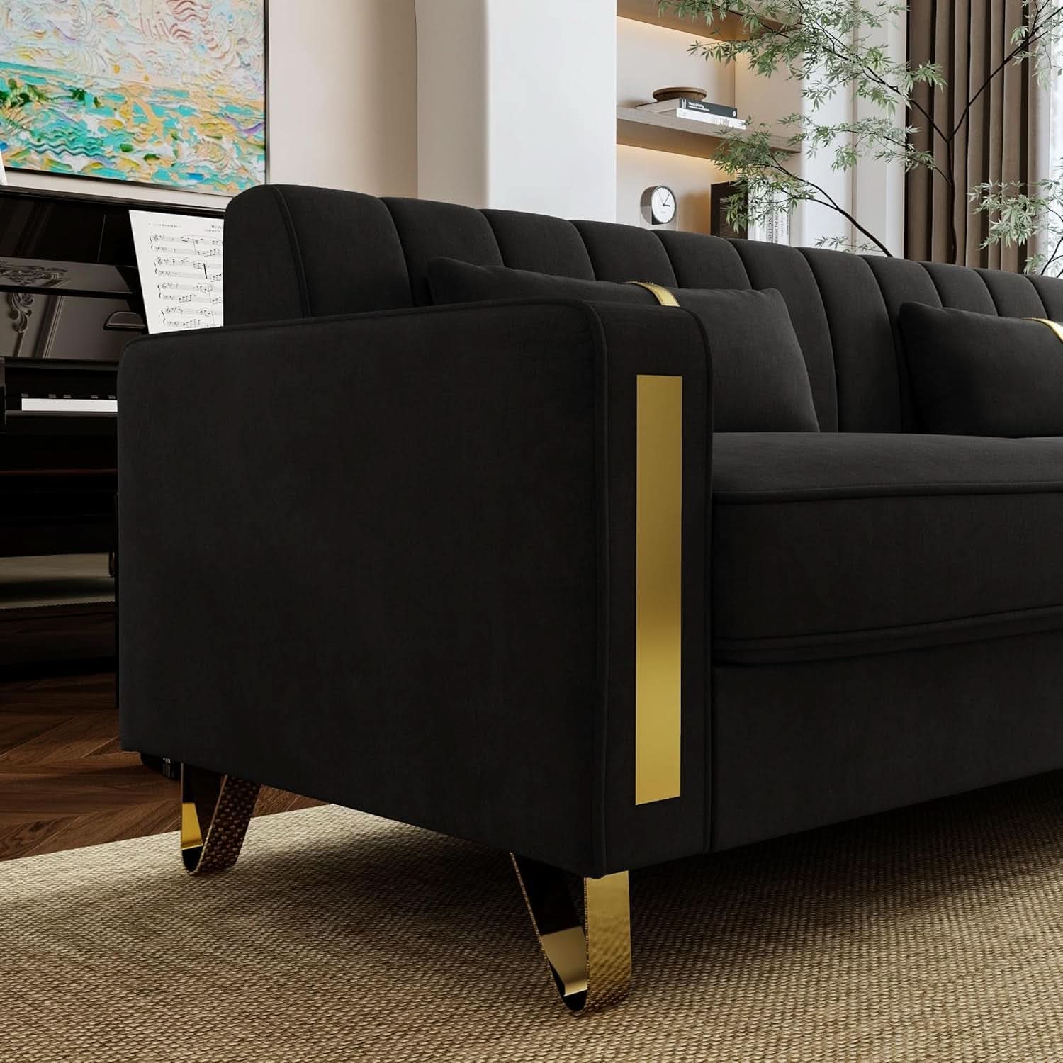 86-Inch Black Velvet Loveseat With Gold Metal Legs For Living Room-4