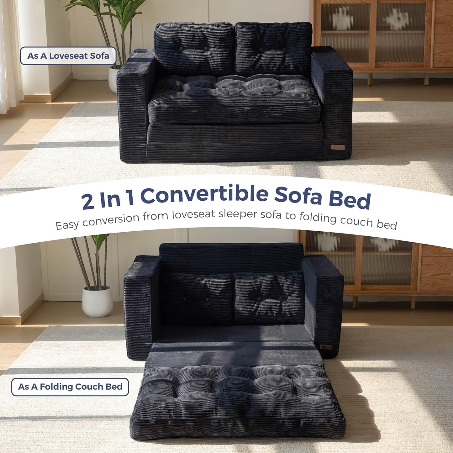 Black Convertible Sofa Bed Includes Pullout Sleeper