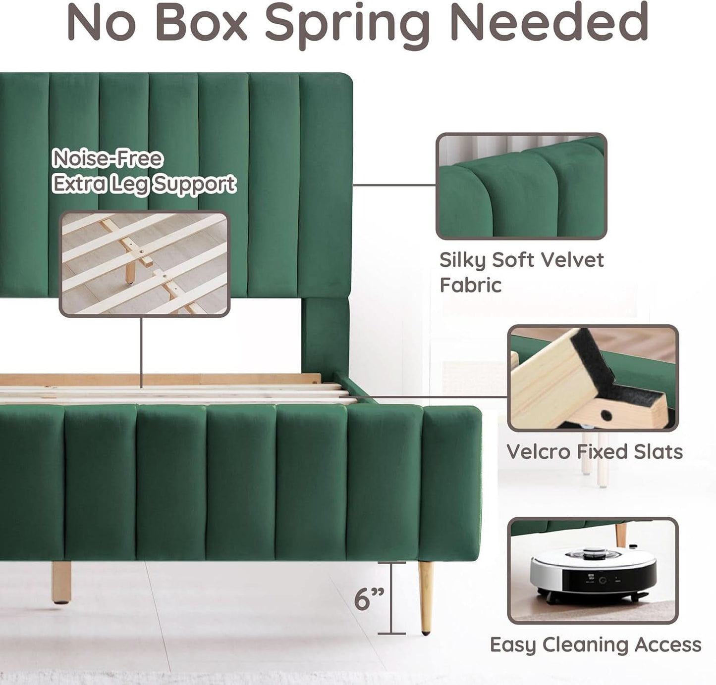 Queen Size Velvet Platform Bed EmeraldGreen Headboard