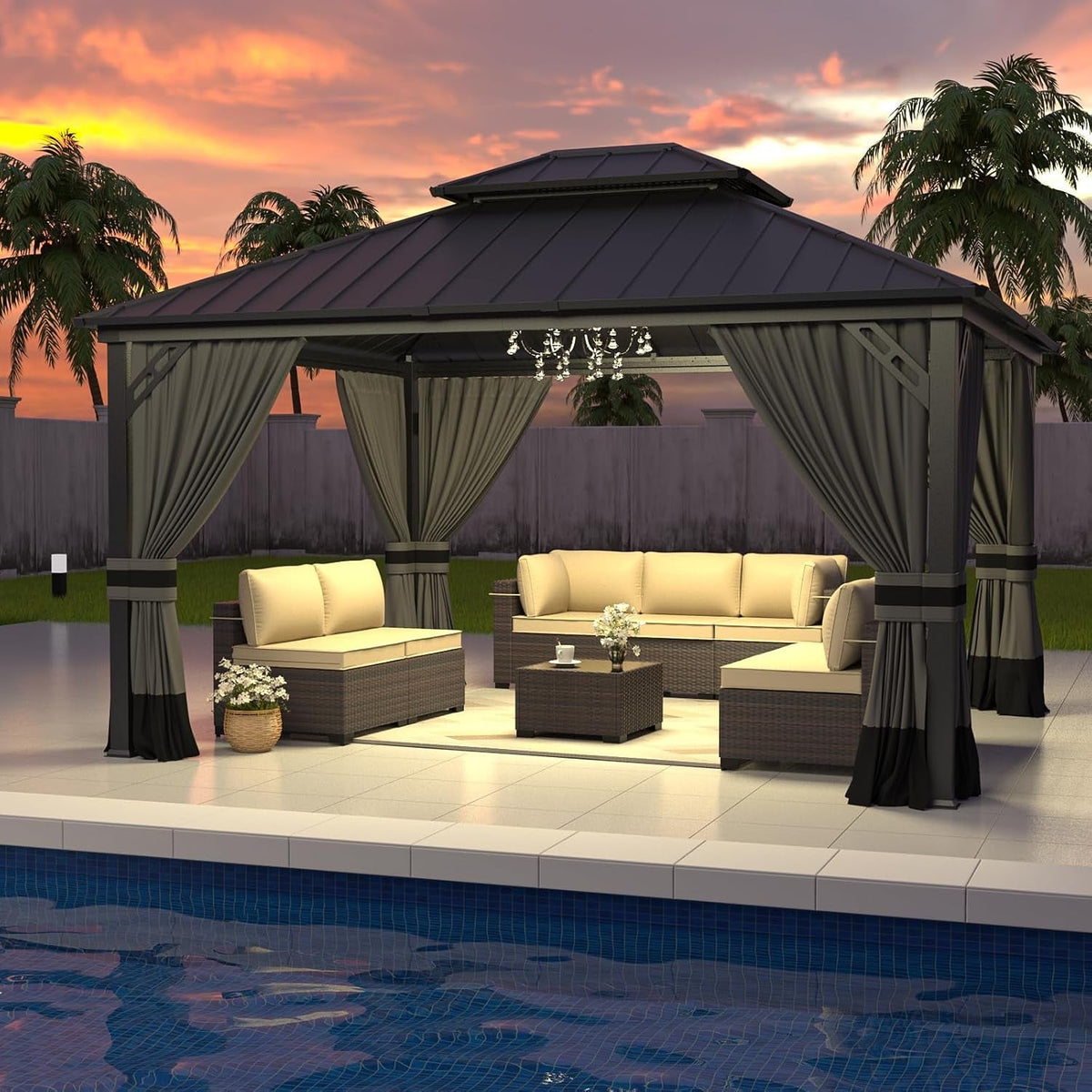 12x14 Gray Hardtop Gazebo Outdoor Weatherproof Netting