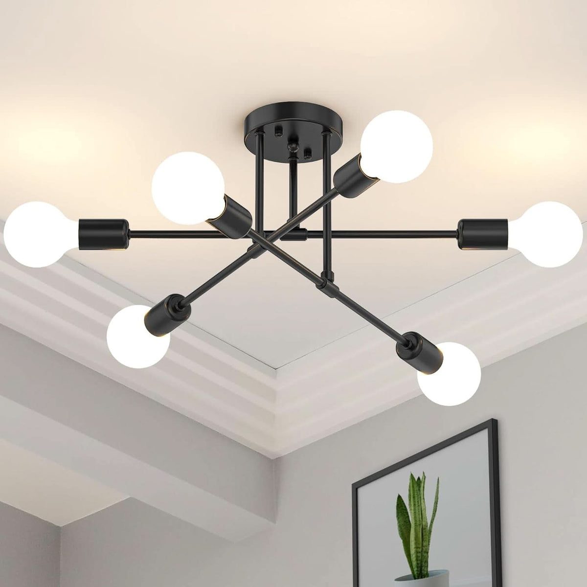 Midcentury Sputnik Chandelier 6 Light Black Ceiling