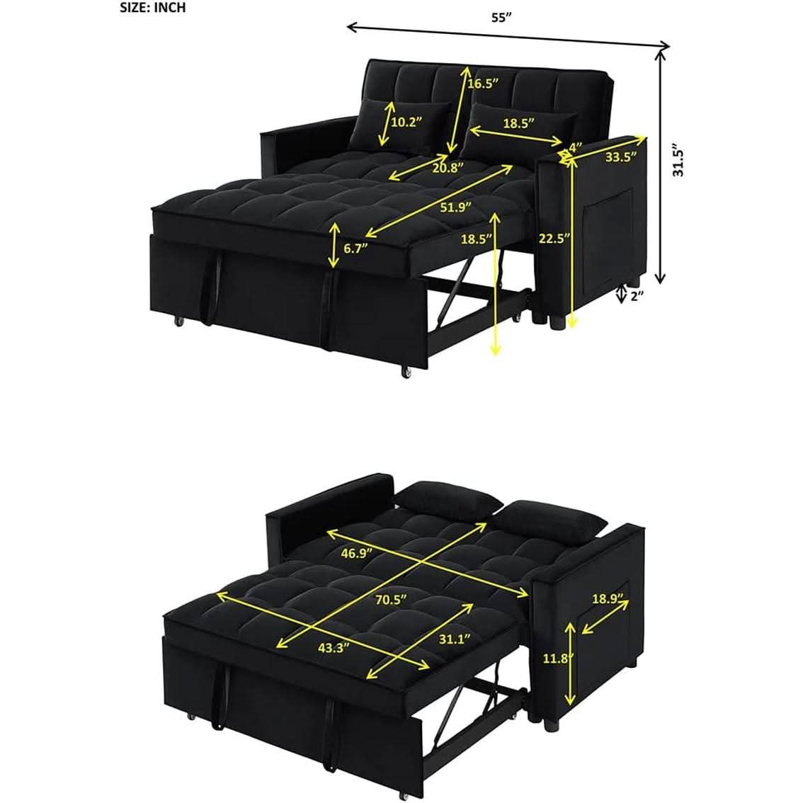 Velvet Sofa Bed With Adjustable Sleeper For Small Spaces
