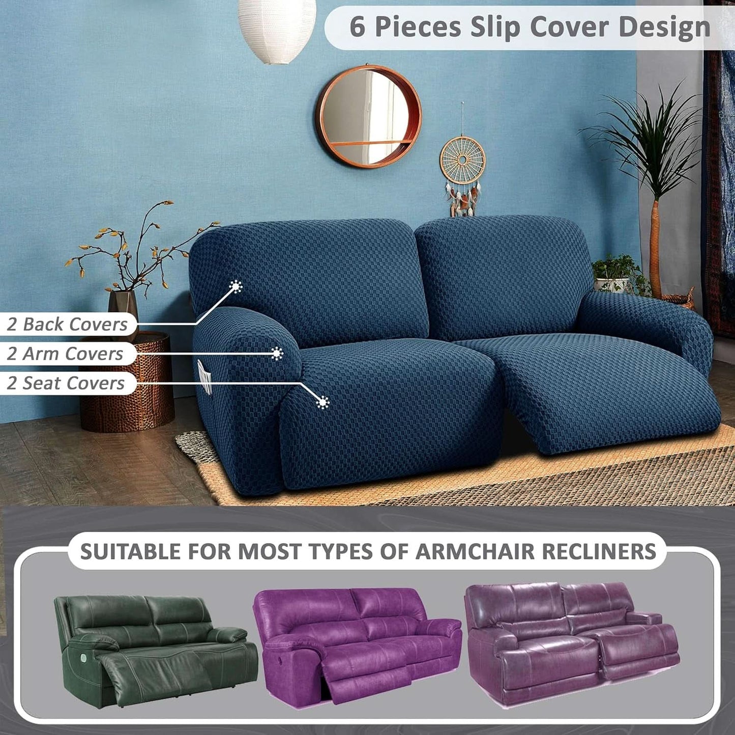 Extra Wide Reclining Loveseat Slipcover Navy Jacquared