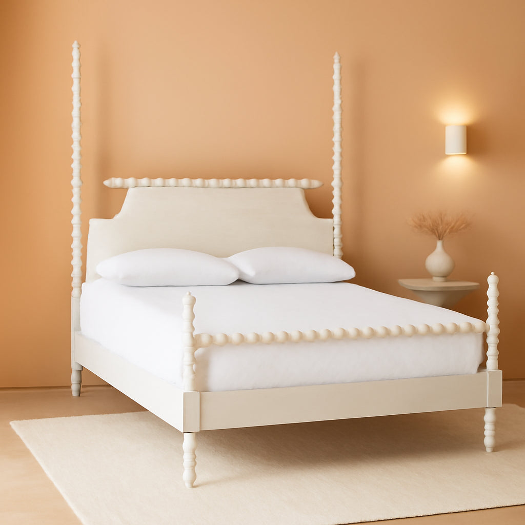 Four-Poster Platform Bed White Queen Spindle Posts-0